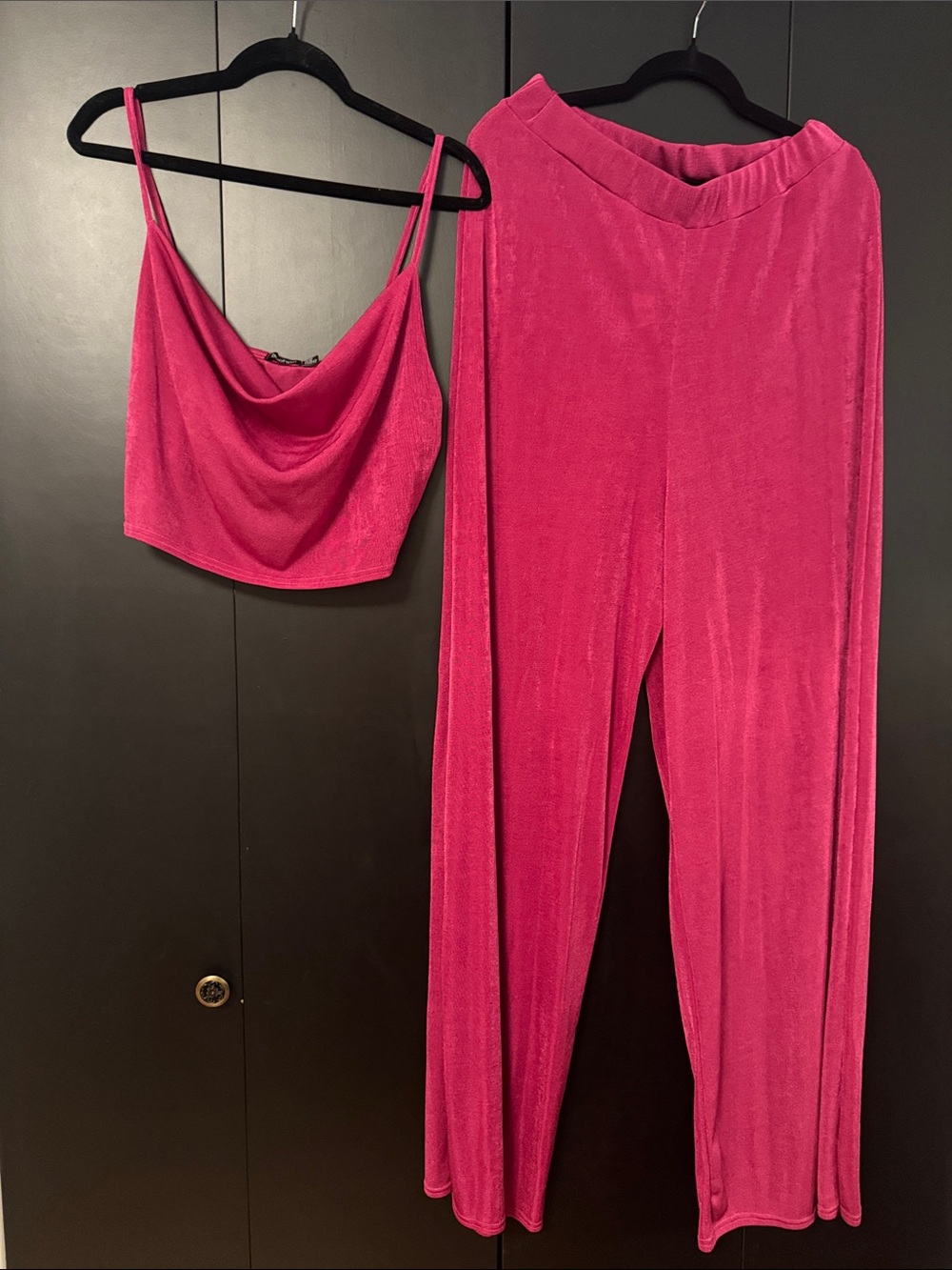 Hot Pink Two-Piece Stretch Set - wide leg pants / crop top
